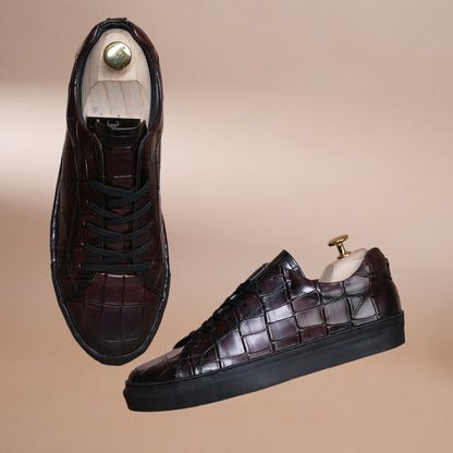 Casual Luxury: Handmade Lightweight Crocodile Pattern Leather Sneakers Brown