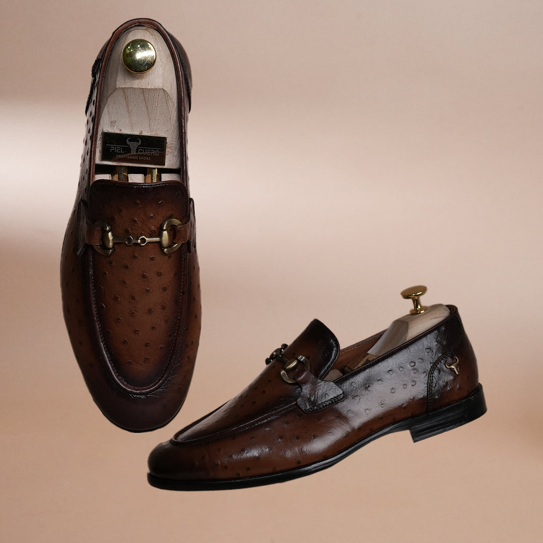 Piel Cuero Tan Brown Ostrich Print Leather Bit Loafers for Men - Handcrafted & Premium