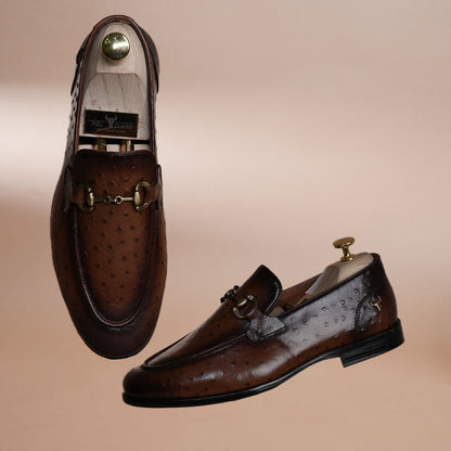 Piel Cuero Tan Brown Ostrich Print Leather Bit Loafers for Men - Handcrafted & Premium