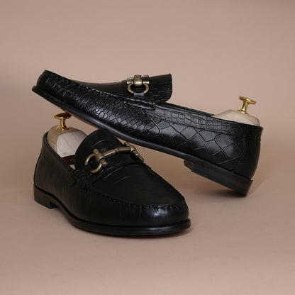 Piel Cuero Men’s Genuine Leather Horsebit Loafers | Black Croc Texture Formal Slip-On Shoes