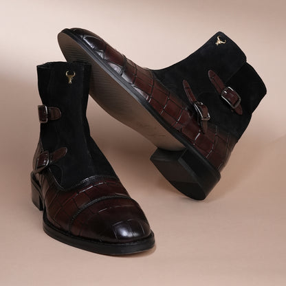 Handcrafted Double monk Strap pure leather boots - Cherry Suede & Calfskin
