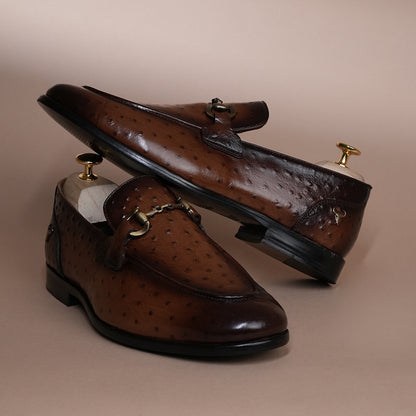 Piel Cuero Tan Brown Ostrich Print Leather Bit Loafers for Men - Handcrafted & Premium