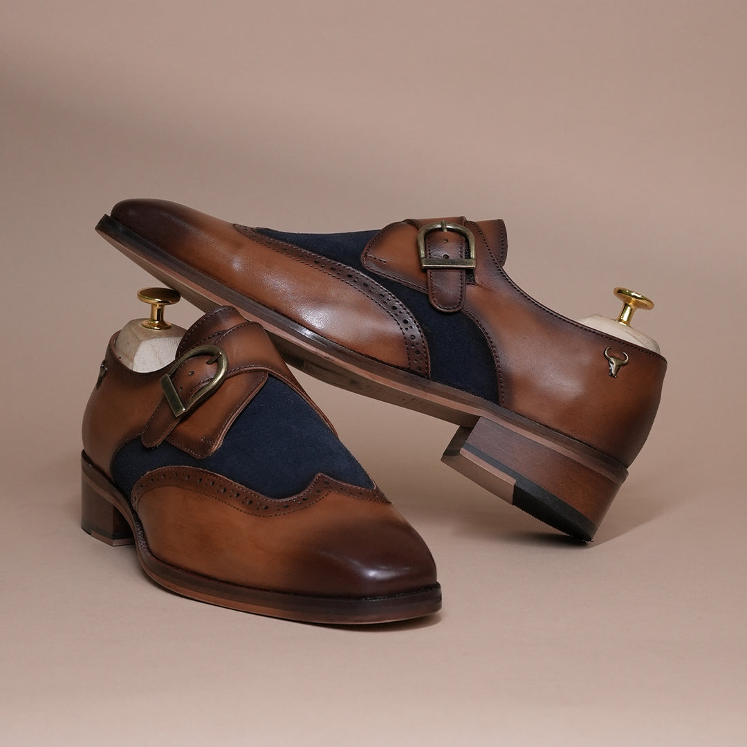 Piel Cuero Men’s Genuine Leather Monk Strap Shoes | Brown Brogue Buckle Leather Formal Shoes