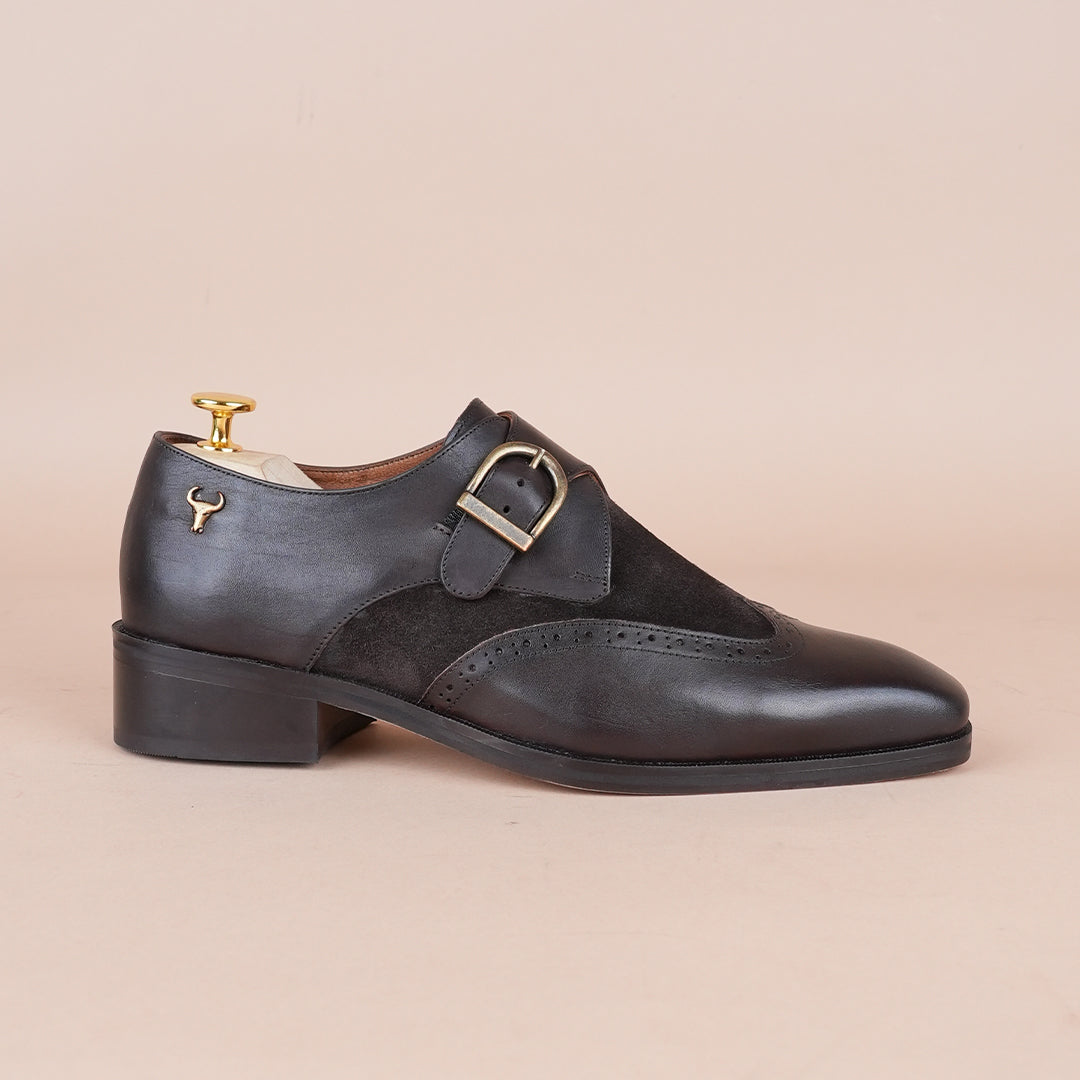 Piel Cuero Men’s Genuine Leather Monk Strap Shoes |  Dark Brown Brogue Buckle Leather Formal Shoes