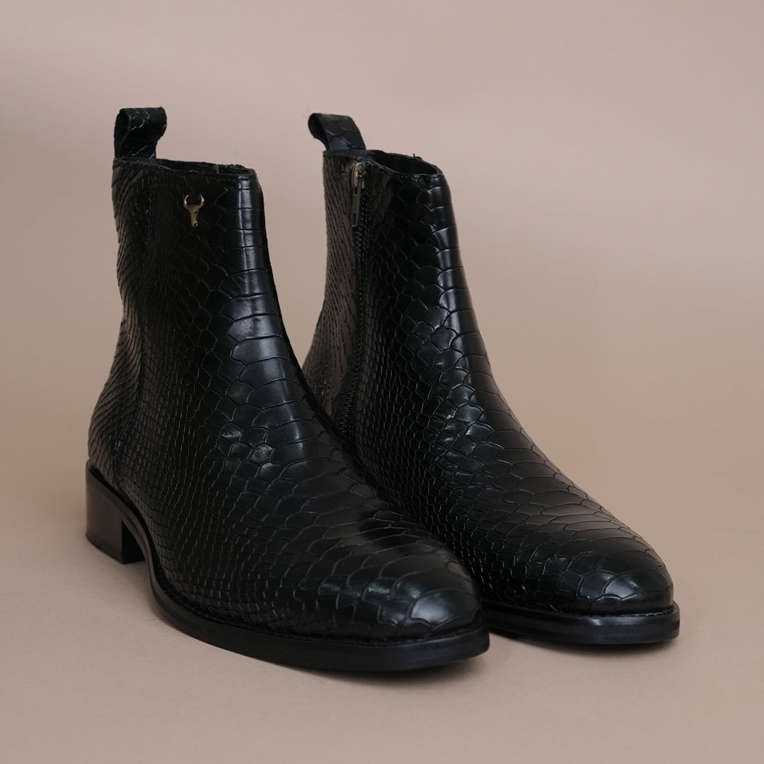 Piel Cuero Men’s Black Croc Embossed Leather Chelsea Boots | Premium Genuine Leather Ankle Boots