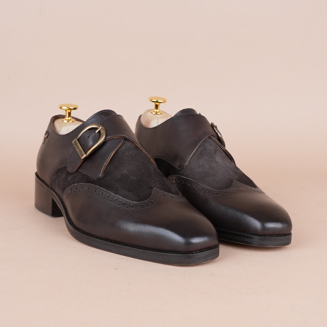 Piel Cuero Men’s Genuine Leather Monk Strap Shoes |  Dark Brown Brogue Buckle Leather Formal Shoes