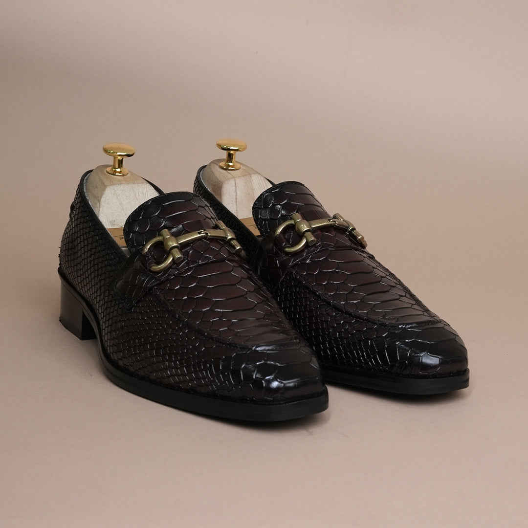 Piel Cuero Cherry Croc-Embossed Genuine Leather Horsebit Loafers - Men's Slip-On Dress Shoes