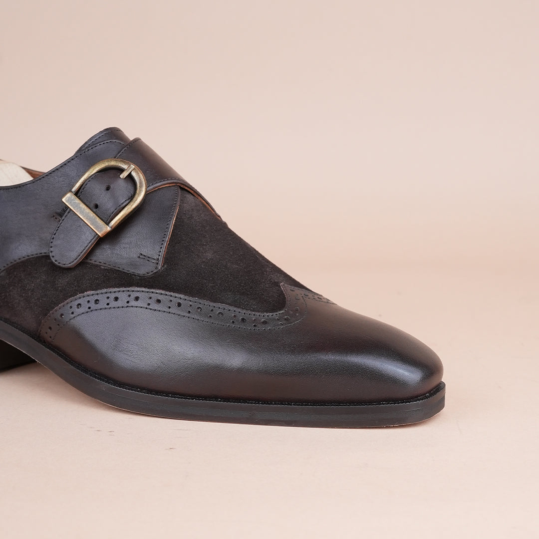 Piel Cuero Men’s Genuine Leather Monk Strap Shoes |  Dark Brown Brogue Buckle Leather Formal Shoes