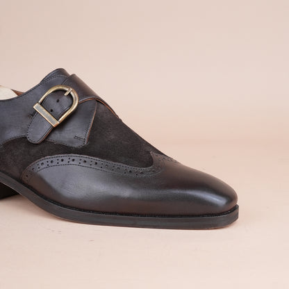 Piel Cuero Men’s Genuine Leather Monk Strap Shoes |  Dark Brown Brogue Buckle Leather Formal Shoes