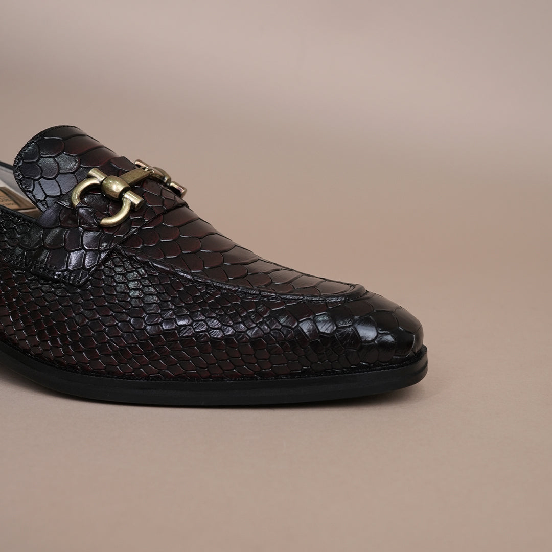 Piel Cuero Cherry Croc-Embossed Genuine Leather Horsebit Loafers - Men's Slip-On Dress Shoes