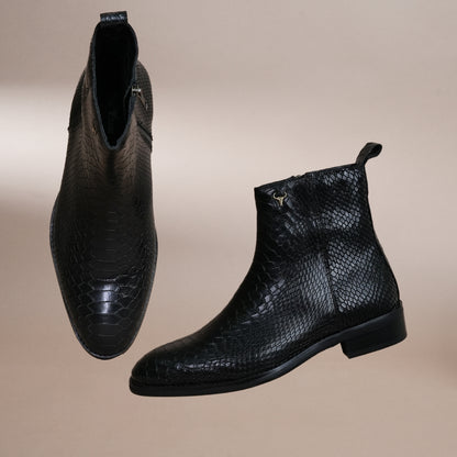 Piel Cuero Men’s Black Croc Embossed Leather Chelsea Boots | Premium Genuine Leather Ankle Boots