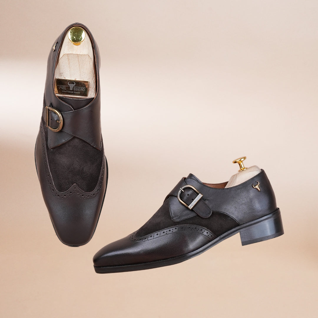 Piel Cuero Men’s Genuine Leather Monk Strap Shoes |  Dark Brown Brogue Buckle Leather Formal Shoes