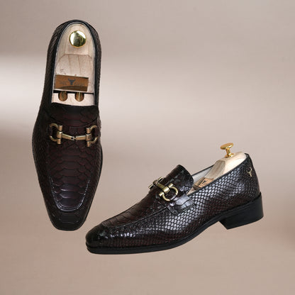 Piel Cuero Cherry Croc-Embossed Genuine Leather Horsebit Loafers - Men's Slip-On Dress Shoes