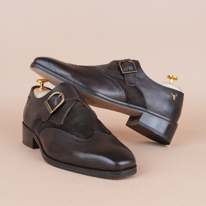 Piel Cuero Men’s Genuine Leather Monk Strap Shoes |  Dark Brown Brogue Buckle Leather Formal Shoes