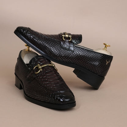 Piel Cuero Cherry Croc-Embossed Genuine Leather Horsebit Loafers - Men's Slip-On Dress Shoes