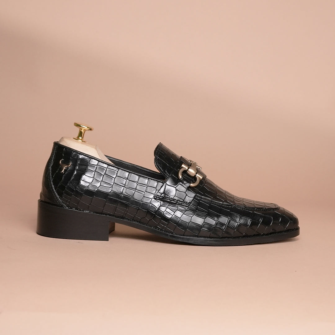 Piel Cuero Black Croc Luxe Horsebit Loafer