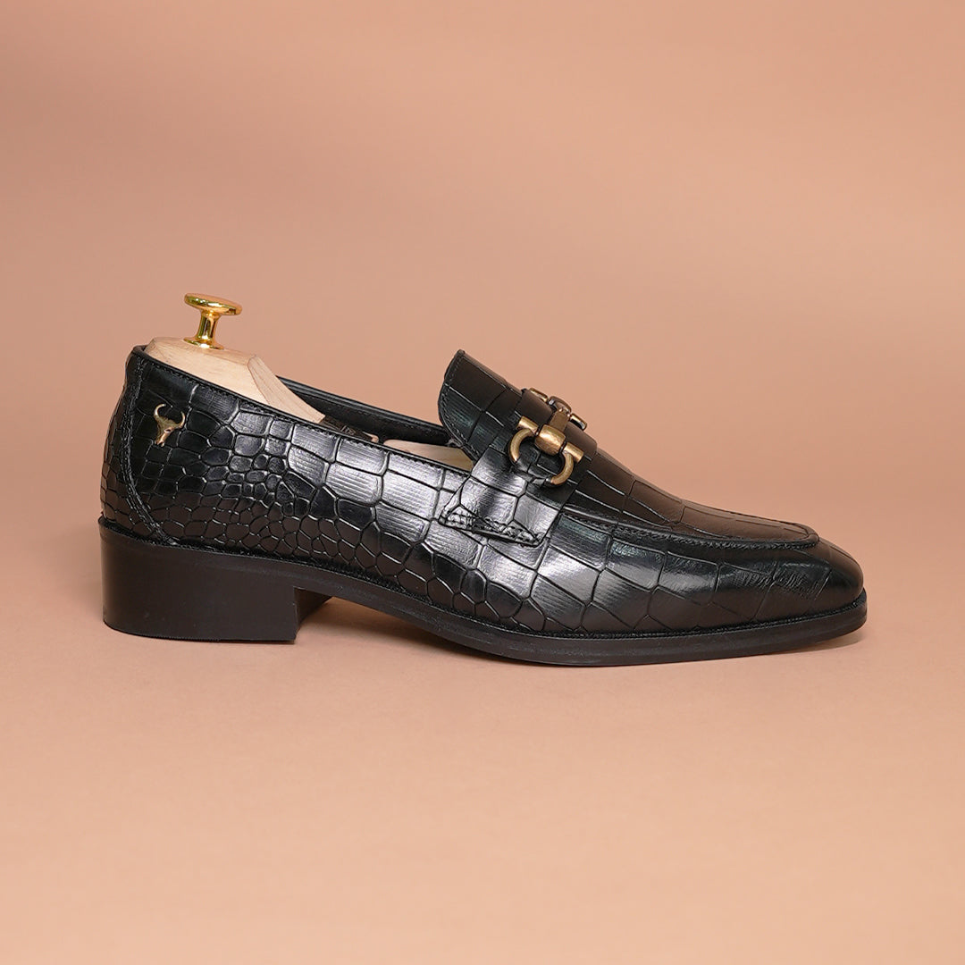 Piel Cuero Men's Croc-Embossed Genuine Leather Loafers - Handcrafted Luxury Black