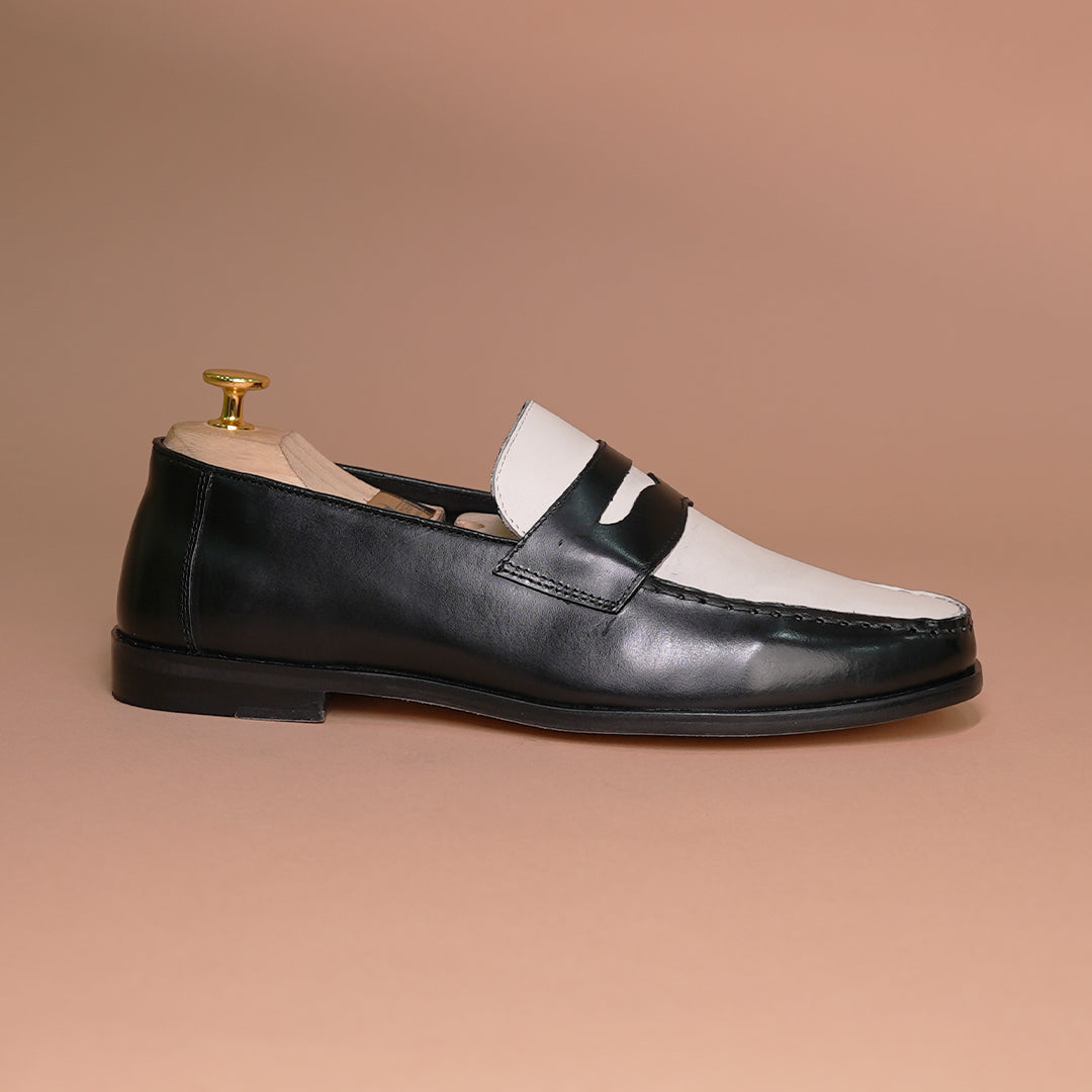 Piel Cuero Two-Tone Genuine Leather Penny Loafers - Men's Dress Shoes Black-White
