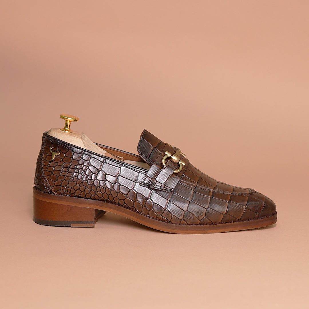 Piel Cuero Men's Croc-Embossed Genuine Leather Loafers – Handcrafted Luxury Brown