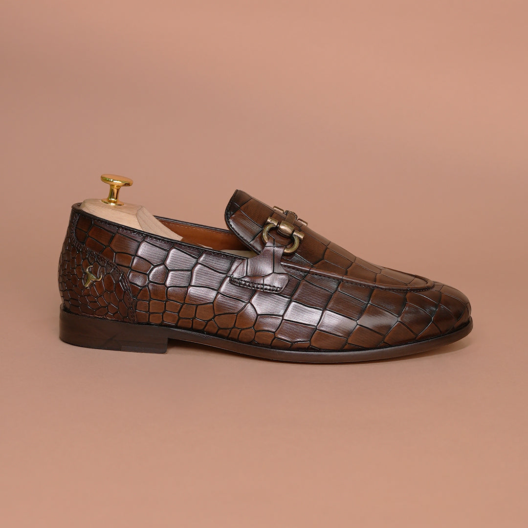 Men's Brown Croc Embossed Loafers - Piel Cuero Genuine Leather Shoes