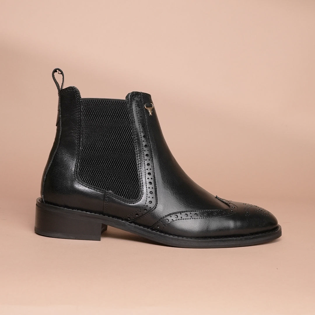 Piel Cuero Black Genuine Leather Brogue Chelsea Boots