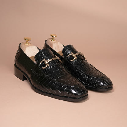Piel Cuero Black Croc Luxe Horsebit Loafer