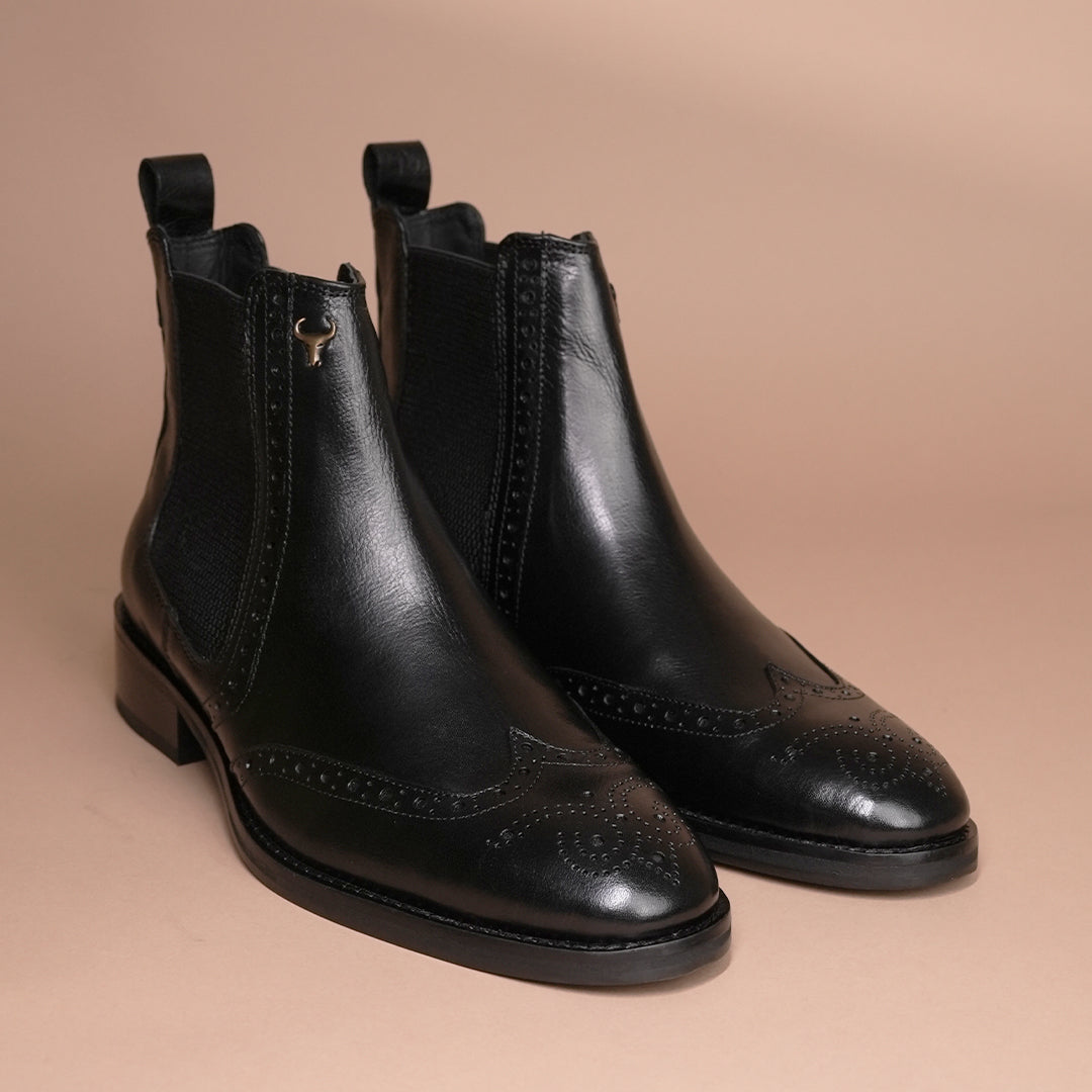Piel Cuero Black Genuine Leather Brogue Chelsea Boots