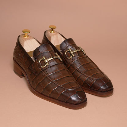 Piel Cuero Men's Croc-Embossed Genuine Leather Loafers – Handcrafted Luxury Brown