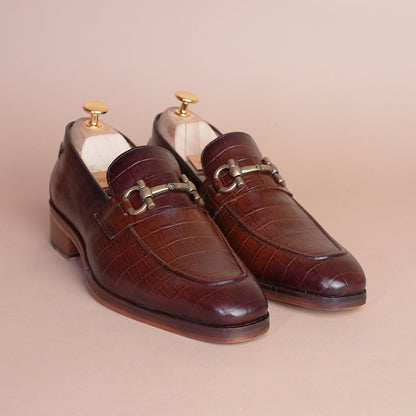 Piel Cuero Brown Croc Horsebit Leather Loafers for Men