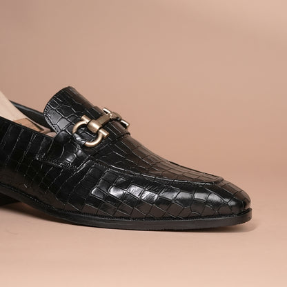 Piel Cuero Black Croc Luxe Horsebit Loafer