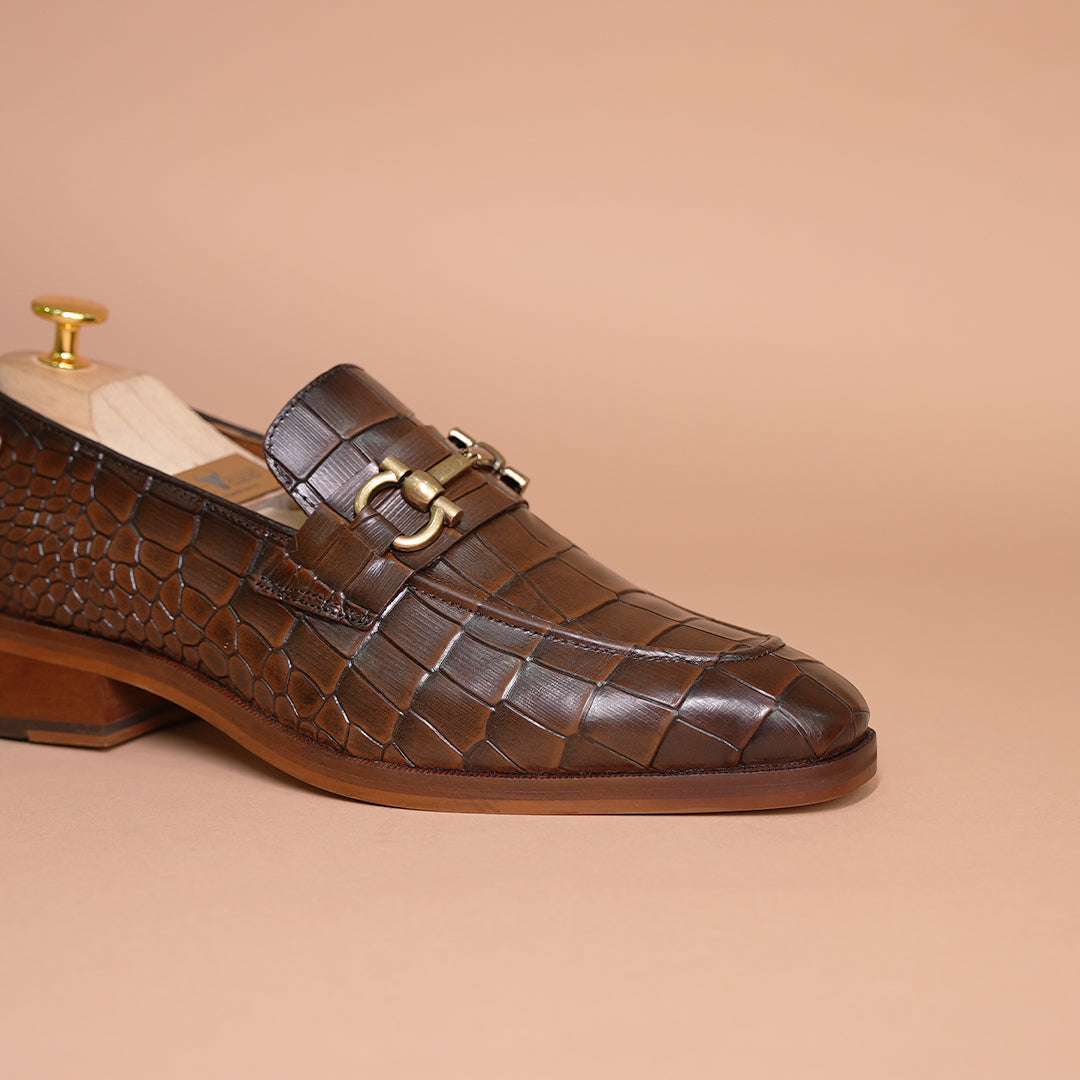 Piel Cuero Men's Croc-Embossed Genuine Leather Loafers – Handcrafted Luxury Brown