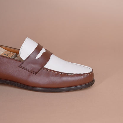 Piel Cuero Two-Tone Genuine Leather Penny Loafers - Men's Dress Shoes Brown-White