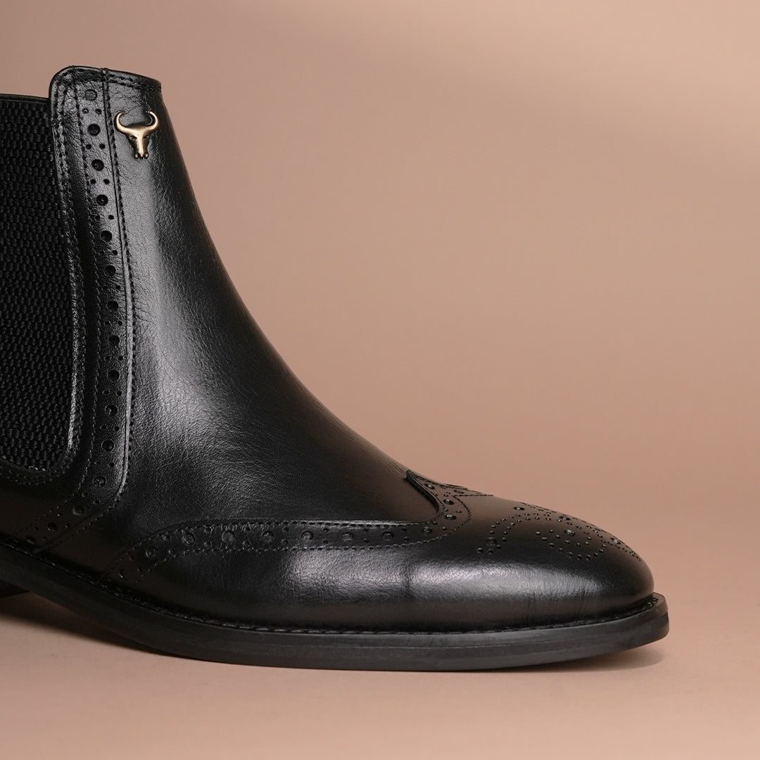 Piel Cuero Black Genuine Leather Brogue Chelsea Boots