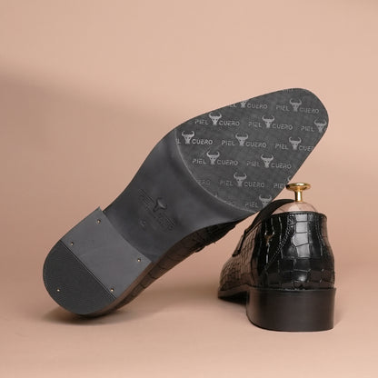 Piel Cuero Black Croc Luxe Horsebit Loafer