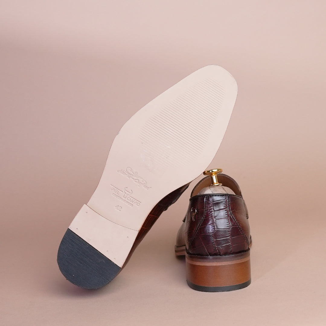Piel Cuero Brown Croc Horsebit Leather Loafers for Men