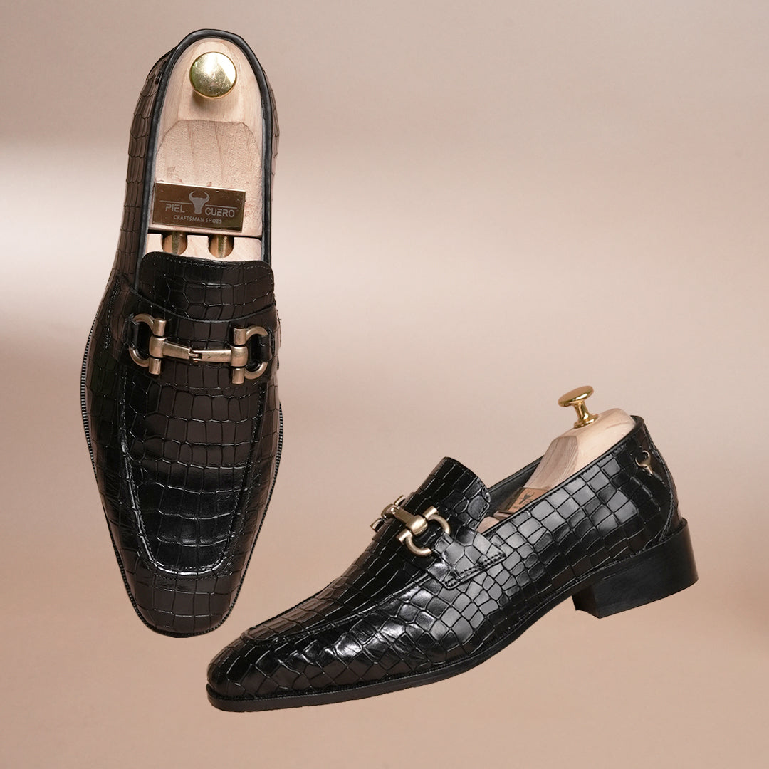 Piel Cuero Black Croc Luxe Horsebit Loafer