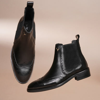 Piel Cuero Black Genuine Leather Brogue Chelsea Boots