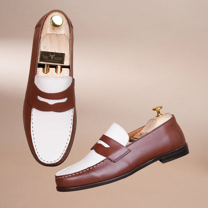 Piel Cuero Two-Tone Genuine Leather Penny Loafers - Men's Dress Shoes Brown-White