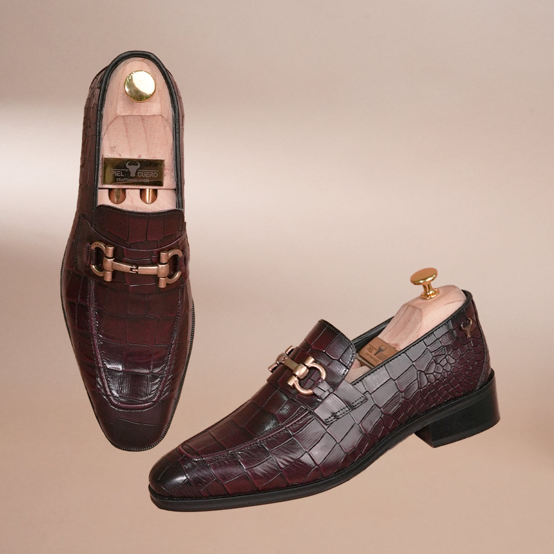 Piel Cuero Men's Croc-Embossed Genuine Leather Loafers - Handcrafted Luxury Cherry