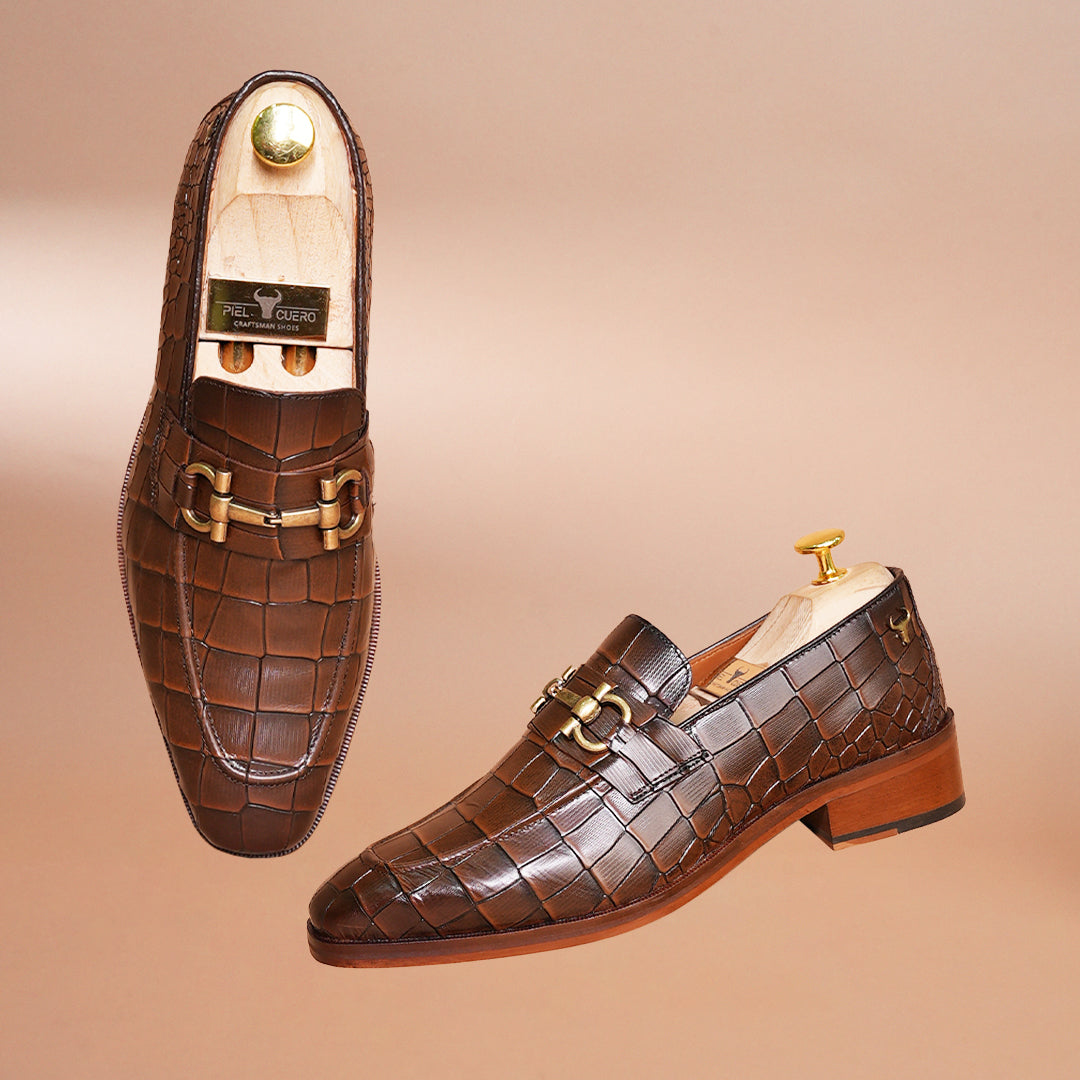 Piel Cuero Men's Croc-Embossed Genuine Leather Loafers – Handcrafted Luxury Brown