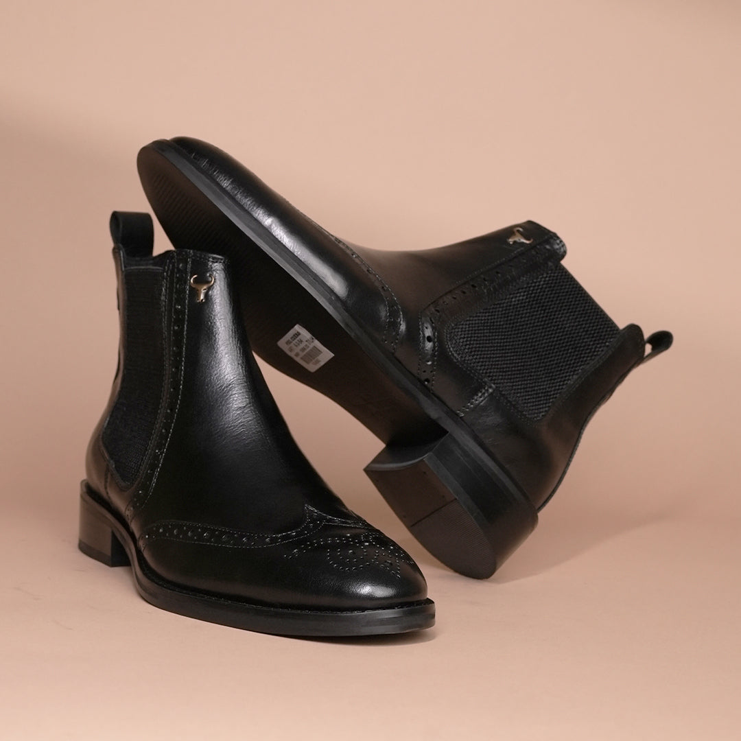 Piel Cuero Black Genuine Leather Brogue Chelsea Boots