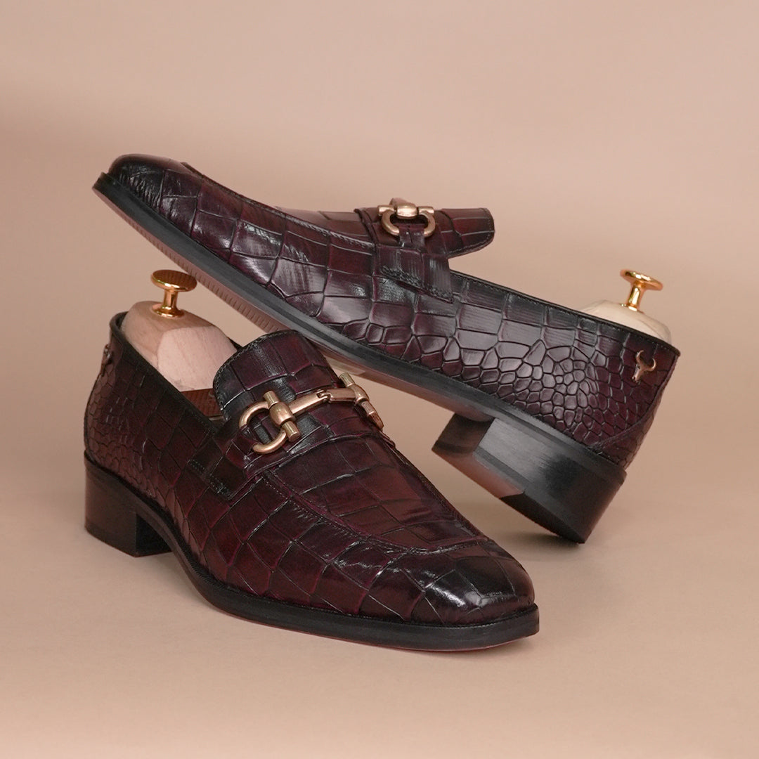 Piel Cuero Men's Croc-Embossed Genuine Leather Loafers - Handcrafted Luxury Cherry