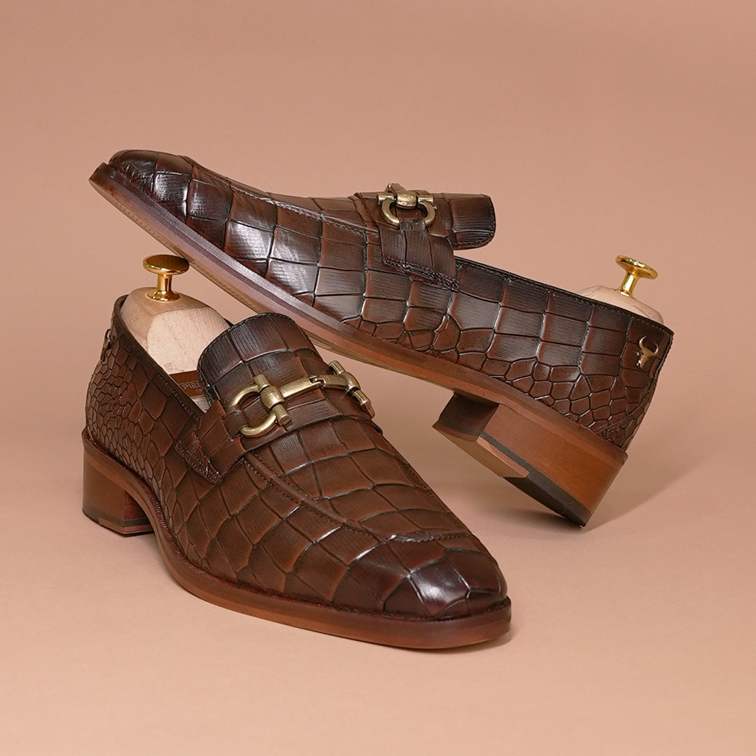 Piel Cuero Men's Croc-Embossed Genuine Leather Loafers – Handcrafted Luxury Brown