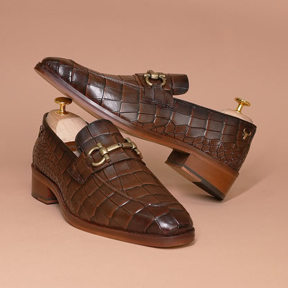 Piel Cuero Men's Croc-Embossed Genuine Leather Loafers – Handcrafted Luxury Brown