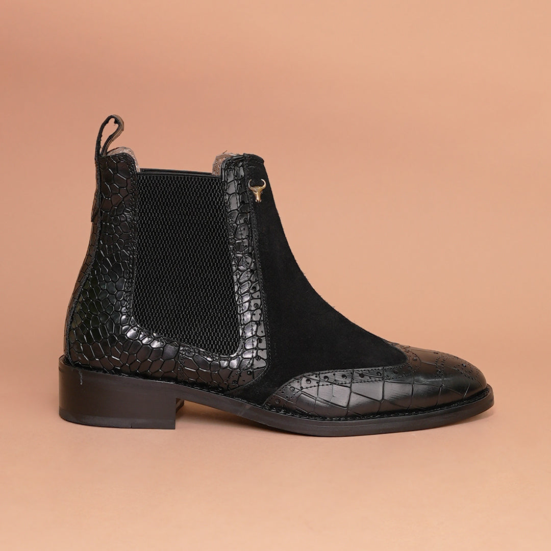 Genuine Leather Chelsea Boots Black - Crocodile Embossed, Suede & Brogue by Piel Cuero