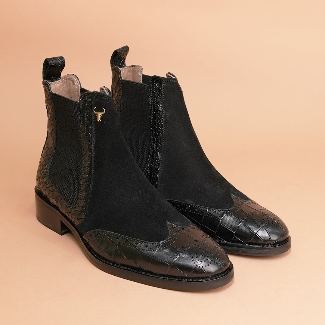 Genuine Leather Chelsea Boots Black - Crocodile Embossed, Suede & Brogue by Piel Cuero