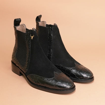Genuine Leather Chelsea Boots Black - Crocodile Embossed, Suede & Brogue by Piel Cuero