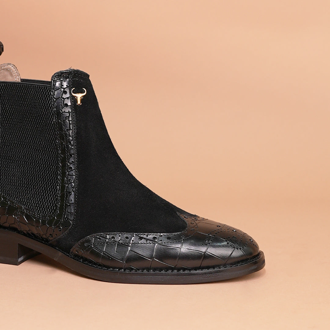 Genuine Leather Chelsea Boots Black - Crocodile Embossed, Suede & Brogue by Piel Cuero