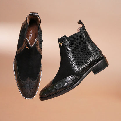 Genuine Leather Chelsea Boots Black - Crocodile Embossed, Suede & Brogue by Piel Cuero