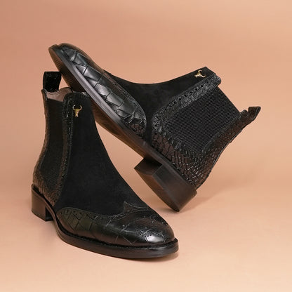 Genuine Leather Chelsea Boots Black - Crocodile Embossed, Suede & Brogue by Piel Cuero